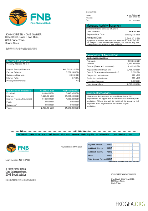 Relevé hypothécaire de la First National Bank (FNB) d'Afrique du Sud aux formats Word et PDF
